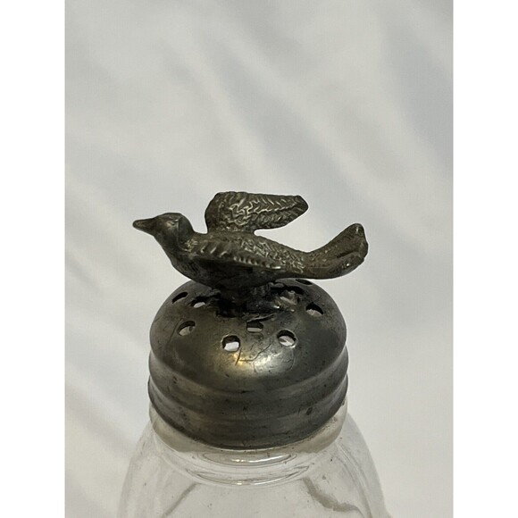 Pewter Metal Bird Topped Glass Shaker Salt Pepper MCM Vintage - Picture 2 of 7